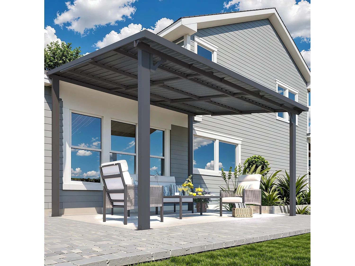 YODOLLA - Pergola Murale - Toit Massif Opaque et Incliné - Résistant aux UV & Vent - Tonnelle Jardin Exterieur - 3x3.65m - Noir