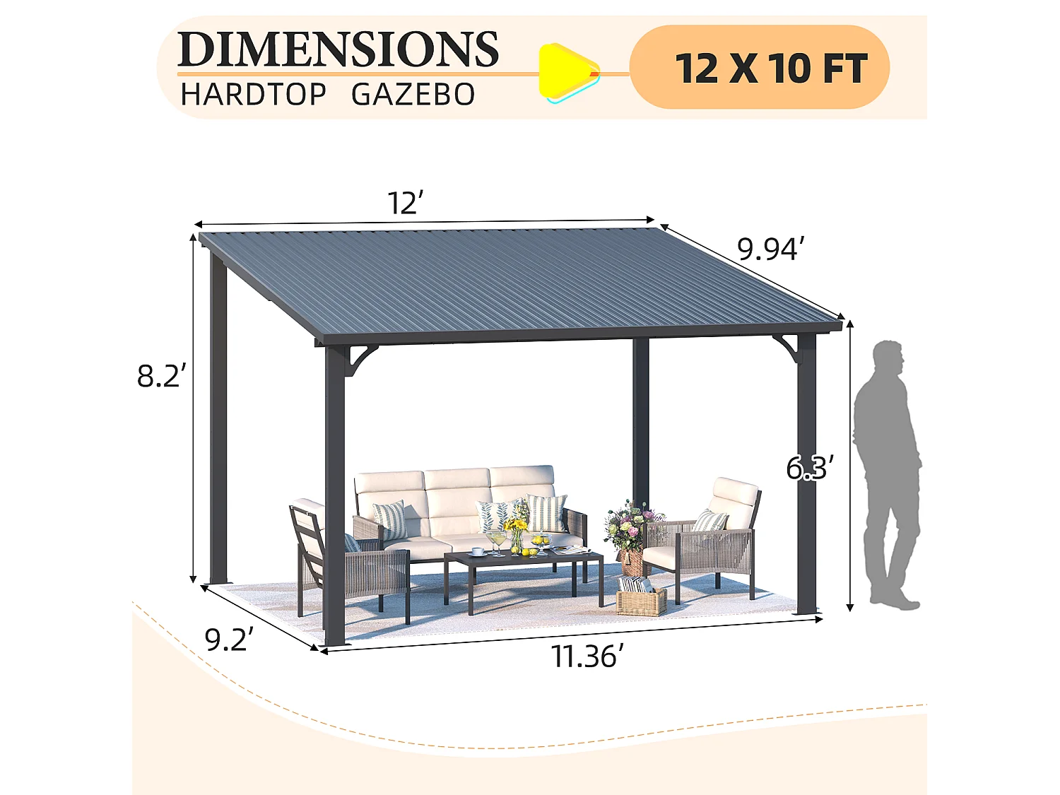 YODOLLA - Pergola Murale - Toit Massif Opaque et Incliné - Résistant aux UV & Vent - Tonnelle Jardin Exterieur - 3x3.65m - Noir