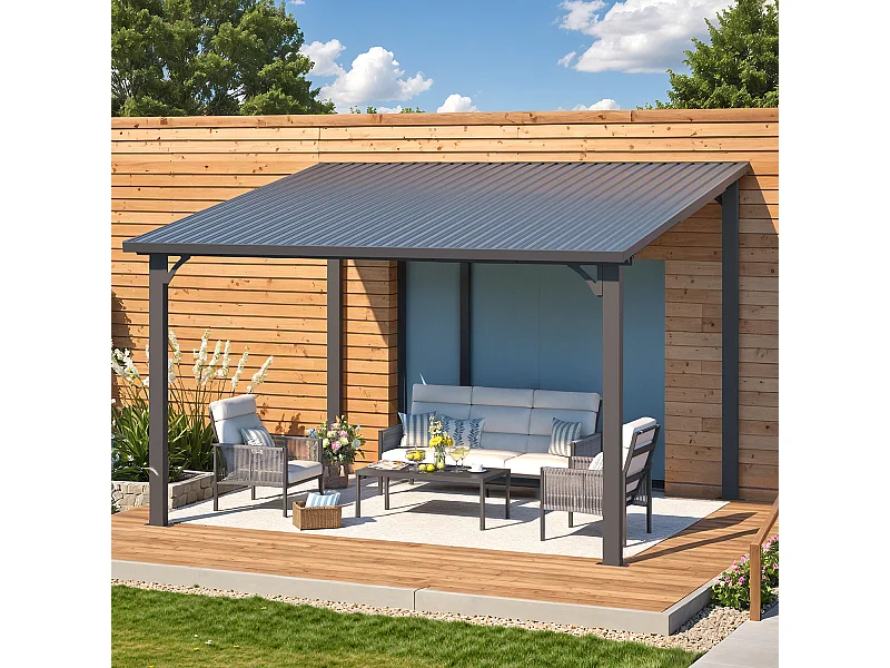 YODOLLA - Pergola Murale - Toit Massif Opaque et Incliné - Résistant aux UV & Vent - Tonnelle Jardin Exterieur - 3x3.65m - Noir