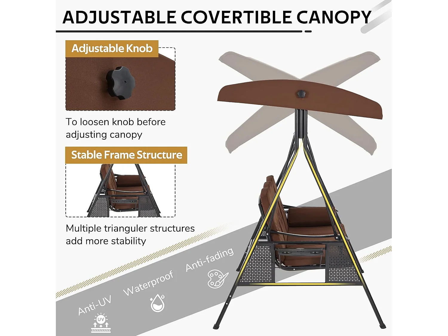 YODOLLA 3-Sitzer Hollywoodschaukel mit verstellbarem Baldachin & abnehmbarem Kissen, für Hinterhof, Garten, Hof, Pool, Balkon, Braun