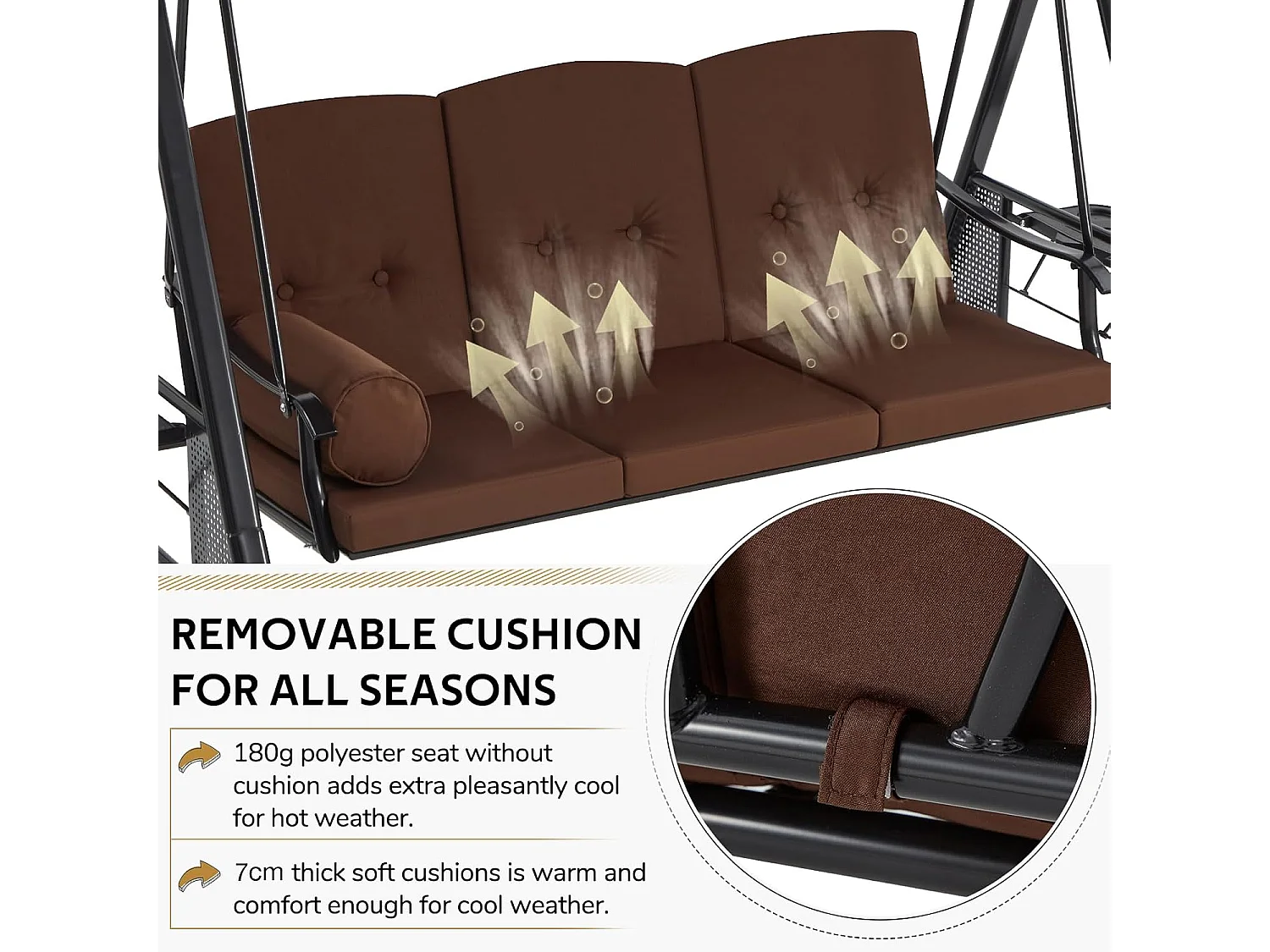YODOLLA 3-Sitzer Hollywoodschaukel mit verstellbarem Baldachin & abnehmbarem Kissen, für Hinterhof, Garten, Hof, Pool, Balkon, Braun
