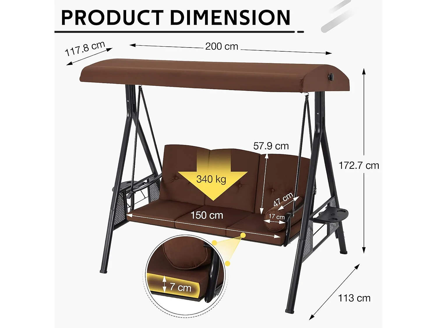 YODOLLA 3-Sitzer Hollywoodschaukel mit verstellbarem Baldachin & abnehmbarem Kissen, für Hinterhof, Garten, Hof, Pool, Balkon, Braun