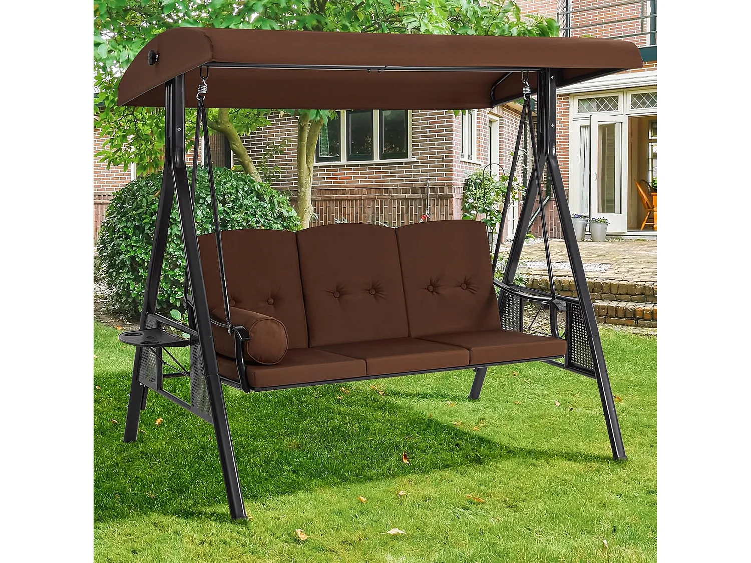 YODOLLA 3-Sitzer Hollywoodschaukel mit verstellbarem Baldachin & abnehmbarem Kissen, für Hinterhof, Garten, Hof, Pool, Balkon, Braun