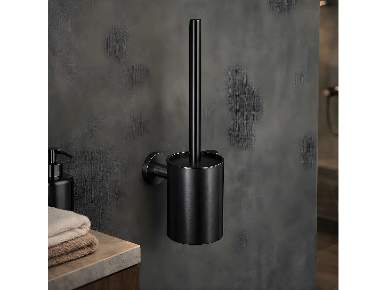 Porte-balai WC et Porte papier toilette - acier inoxydable S.304 noir mat - Fixation Collée ou Vissée