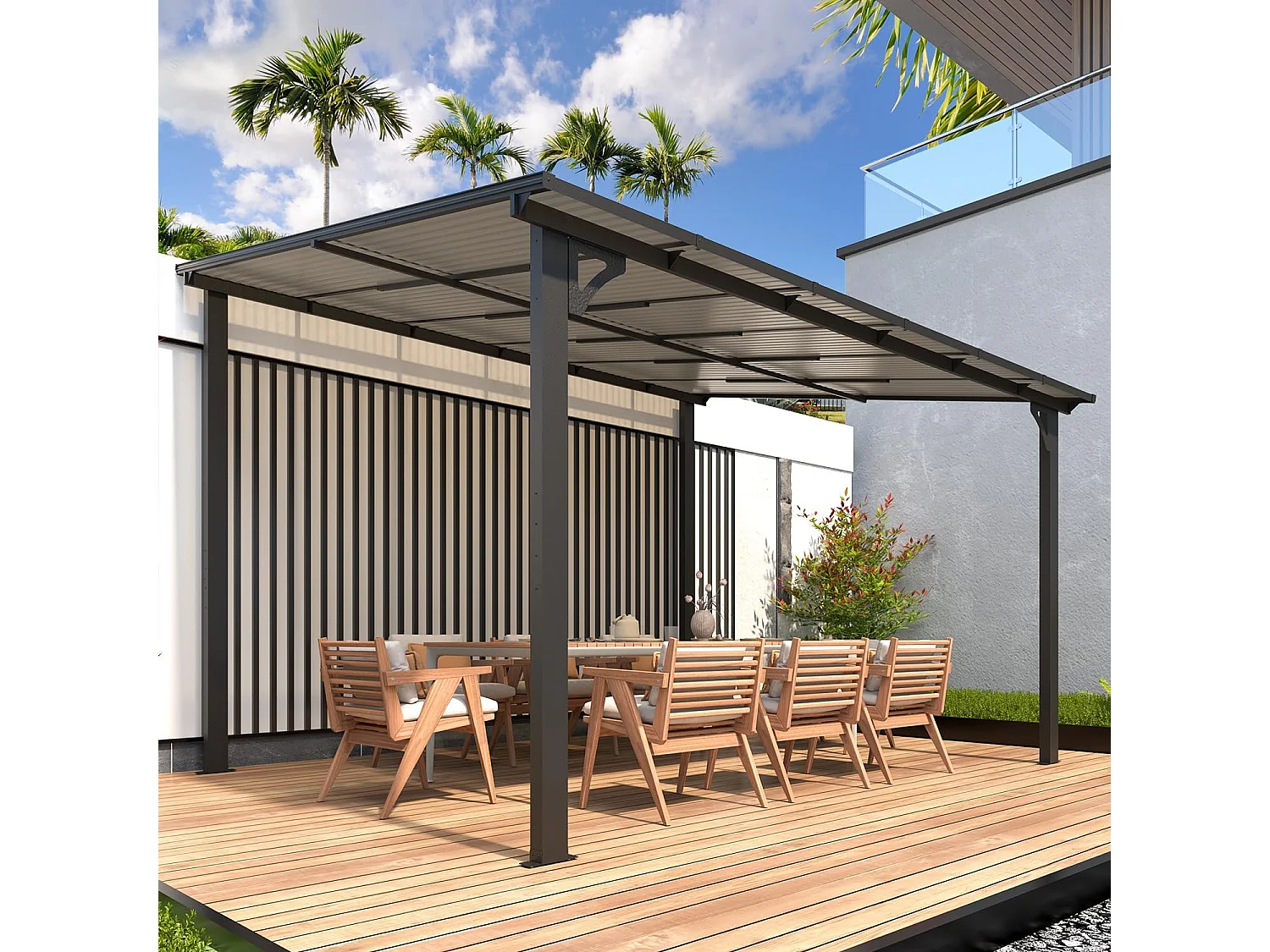 YODOLLA - Pergola Murale en Aluminium - toit incliné - Résistant aux UV & Vent - Tonnelle Jardin Exterieur - 3x3.65m - Noir
