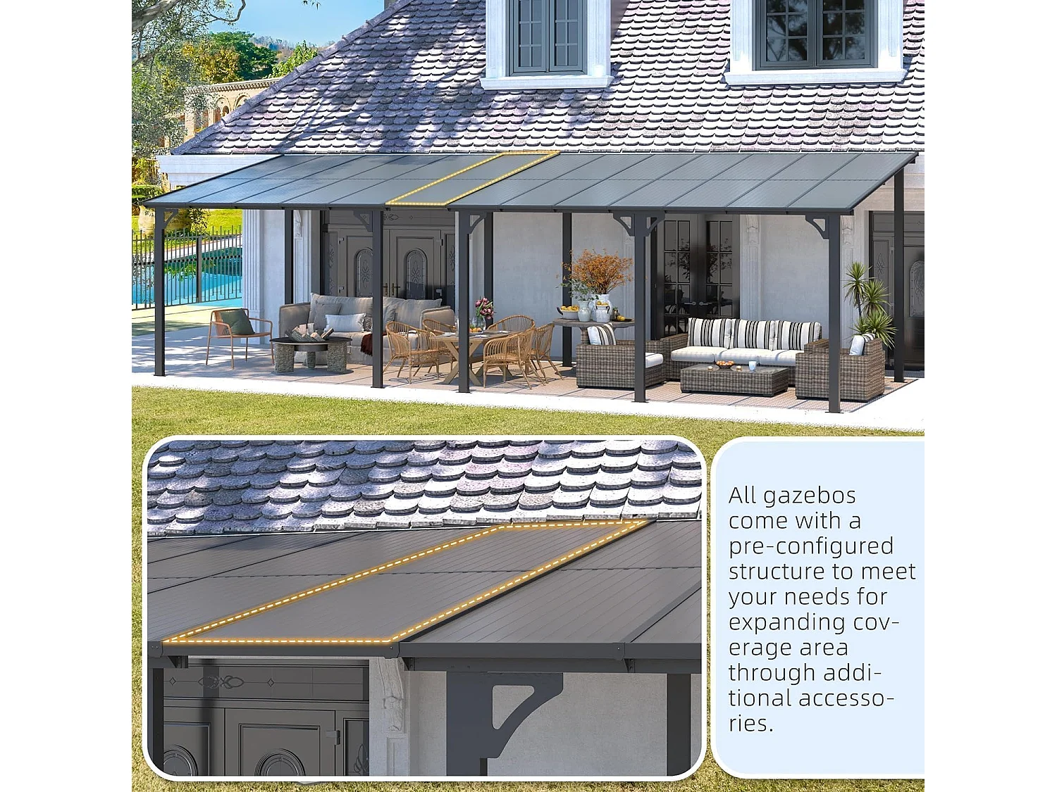 YODOLLA - Pergola Murale en Aluminium - toit incliné - Résistant aux UV & Vent - Tonnelle Jardin Exterieur - 3x3.65m - Noir