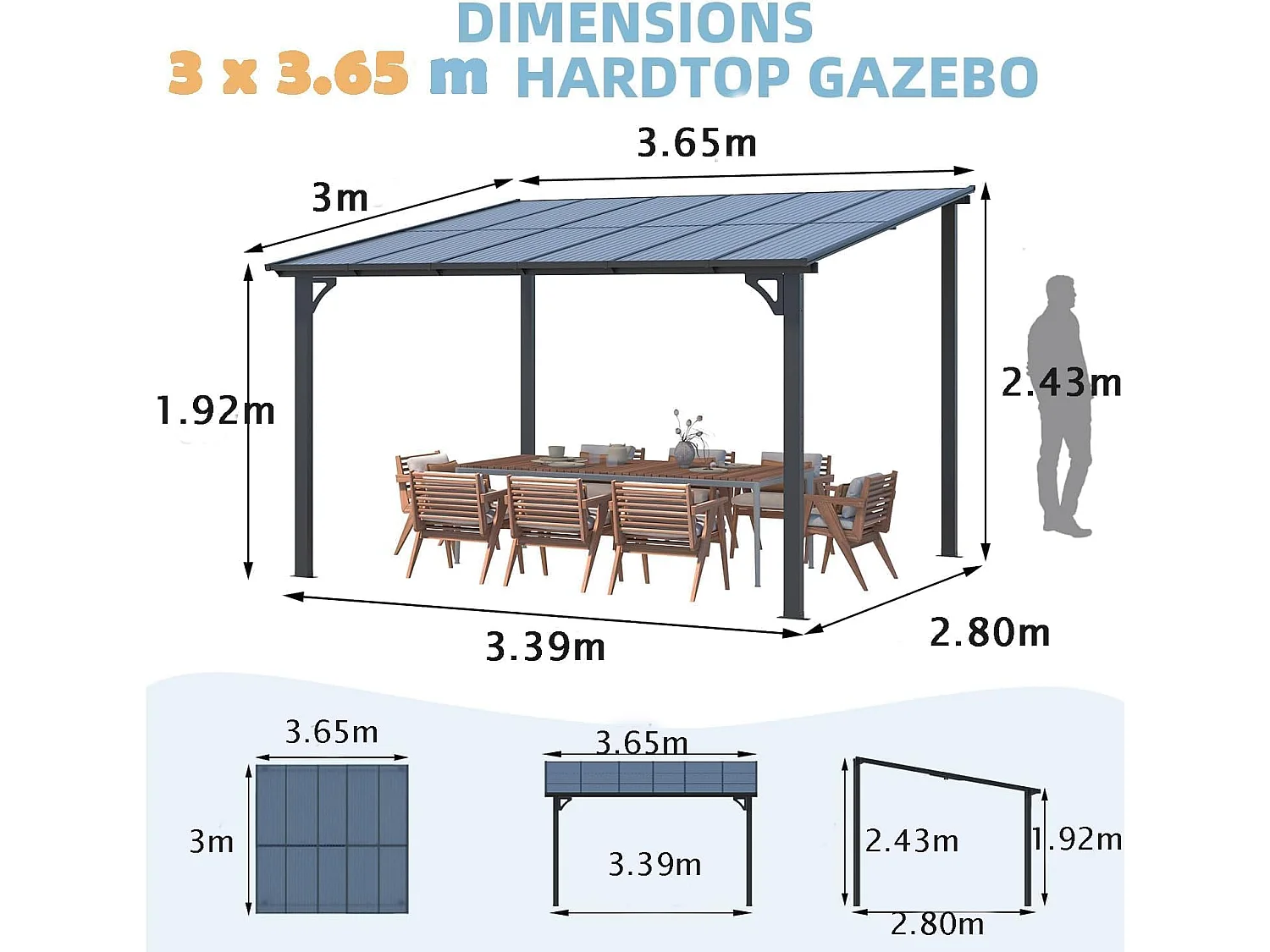 YODOLLA - Pergola Murale en Aluminium - toit incliné - Résistant aux UV & Vent - Tonnelle Jardin Exterieur - 3x3.65m - Noir