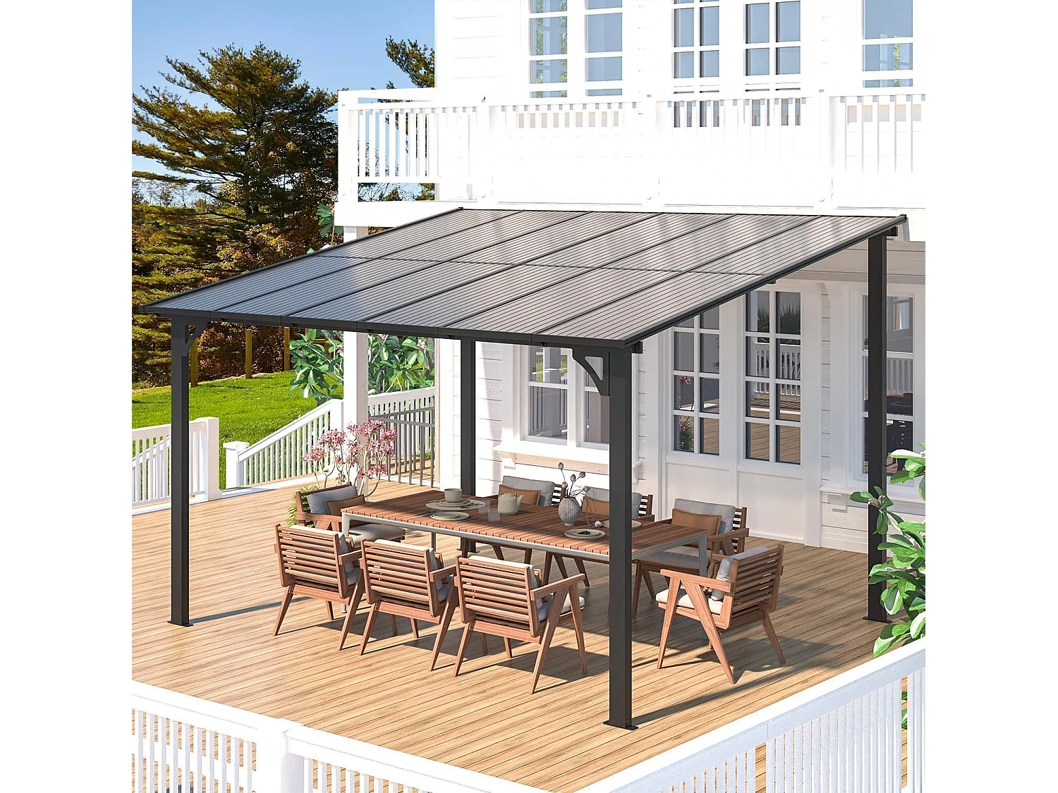 YODOLLA - Pergola Murale en Aluminium - toit incliné - Résistant aux UV & Vent - Tonnelle Jardin Exterieur - 3x3.65m - Noir