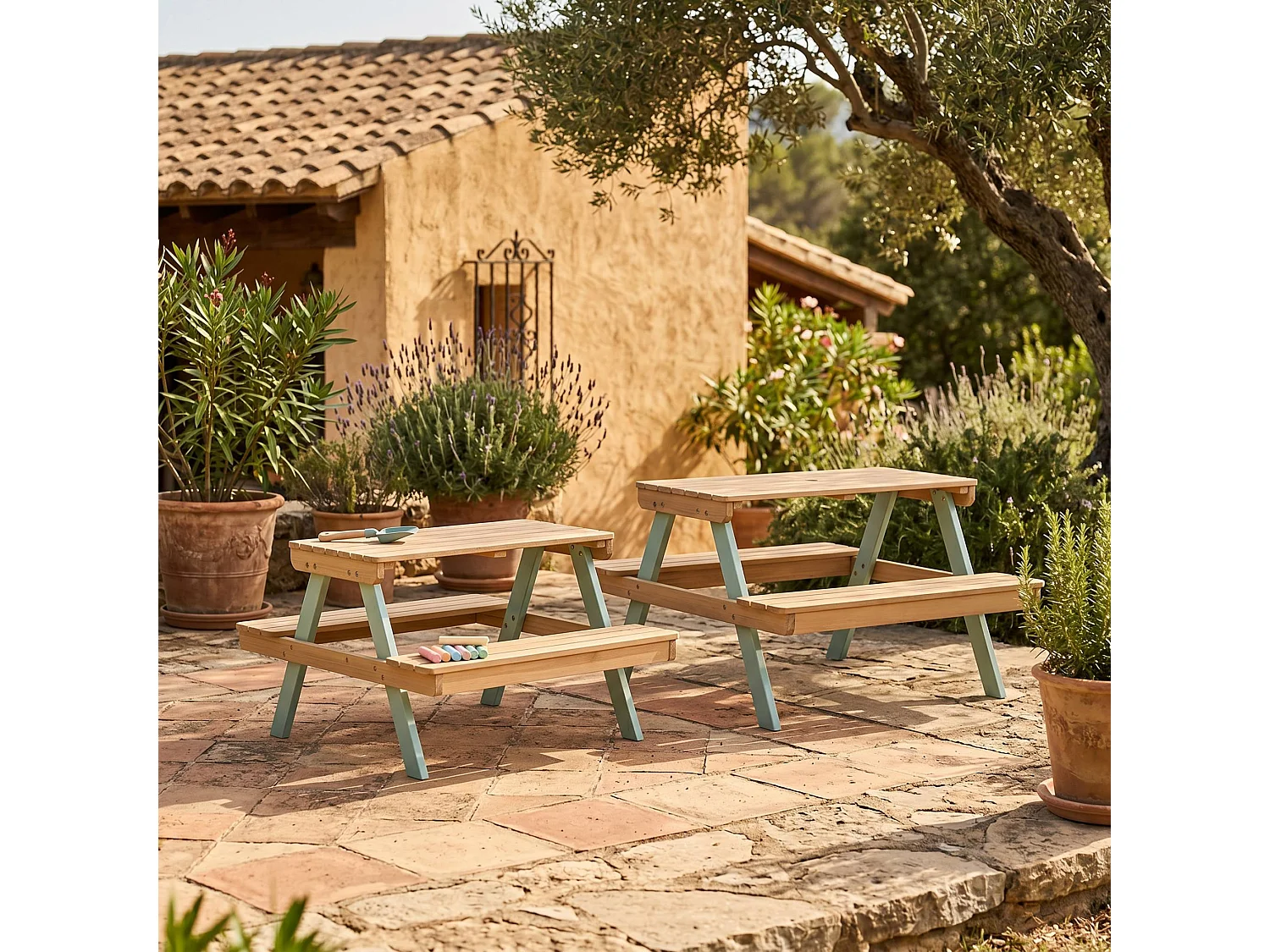 Table de pique-nique en bois d'acacia pour enfant. salon de jardin 4 places vert de gris et teck - Caroline