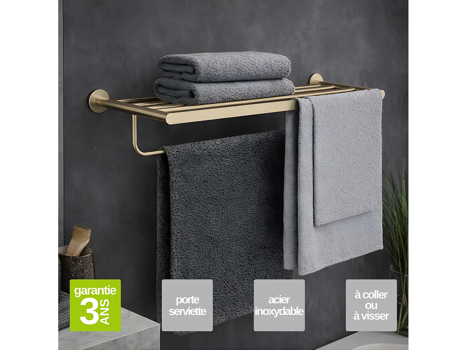 Porte serviettes salle de bain 60cm- acier inoxydable S.304 or brossé - Fixation Collée ou Vissée