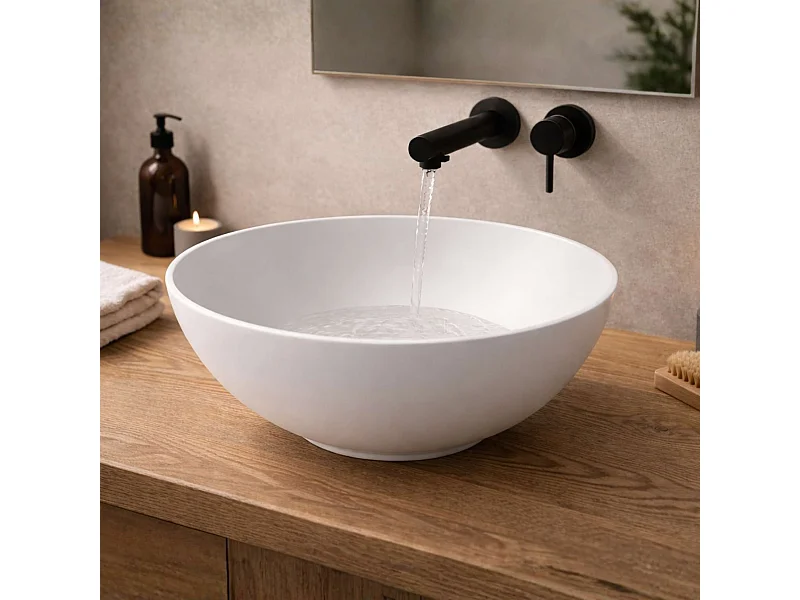 Vasque à poser ronde en céramique blanc mat D41cm, Profondeur 14,5cm - SANIZEO ATE.