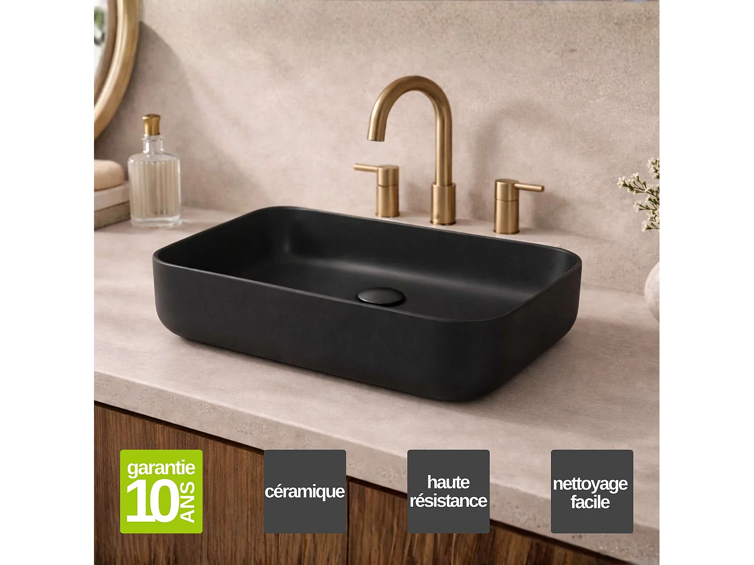 Vasque à poser rectangulaire en céramique noir mat L50xl39xProfondeur 13cm - SANIZEO Quimera.