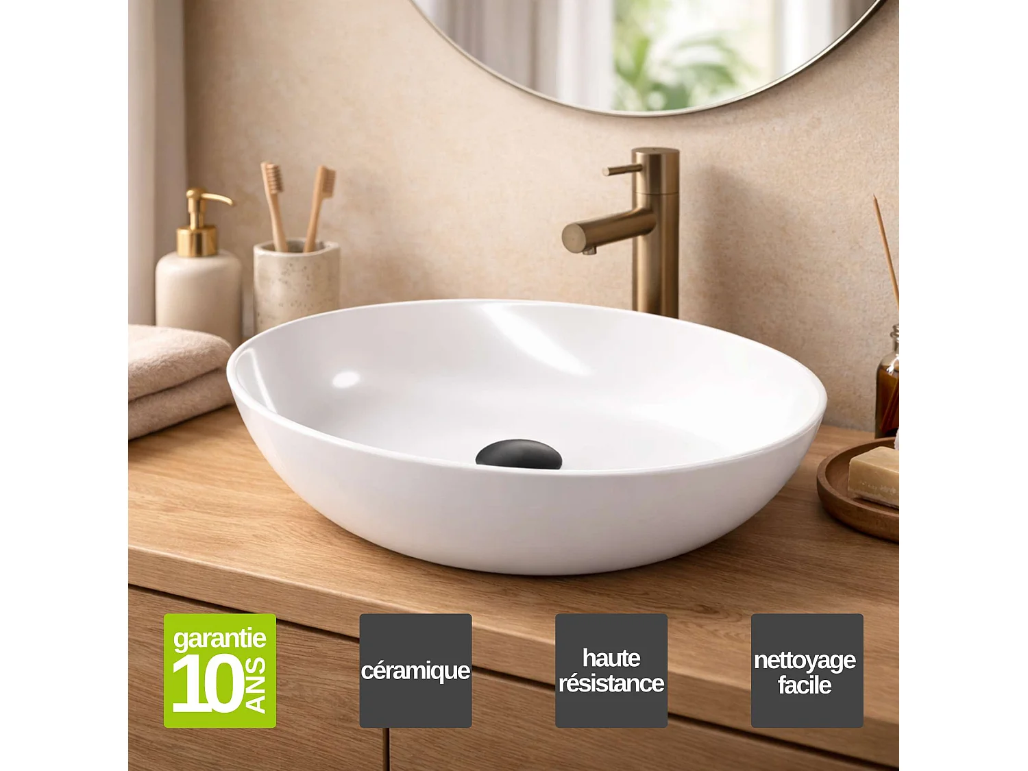 Vasque à poser ovale en céramique blanc brillant L41xl33xProfondeur 14,5cm - SANIZEO Danaé.