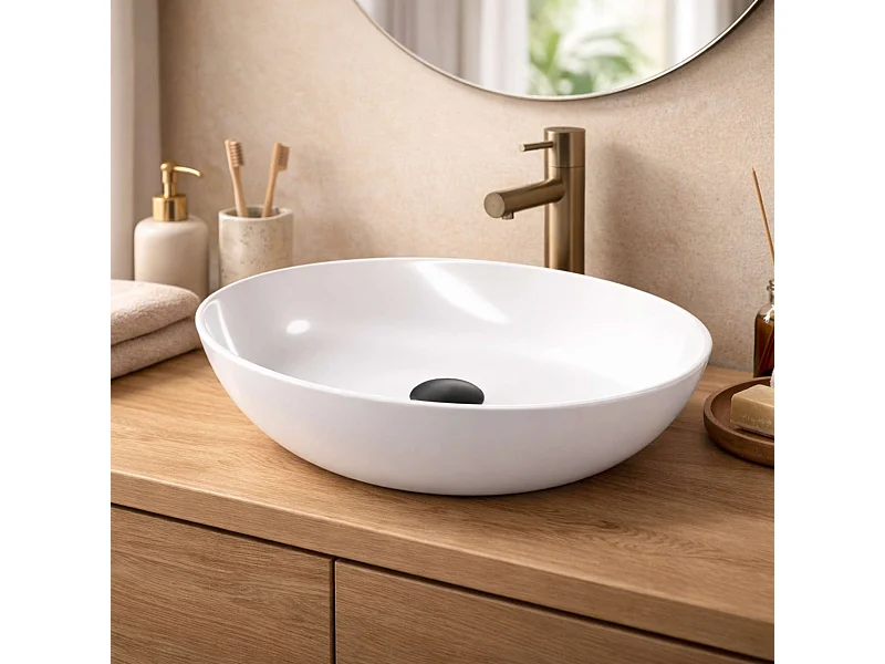 Vasque à poser ovale en céramique blanc brillant L41xl33xProfondeur 14,5cm - SANIZEO Danaé.