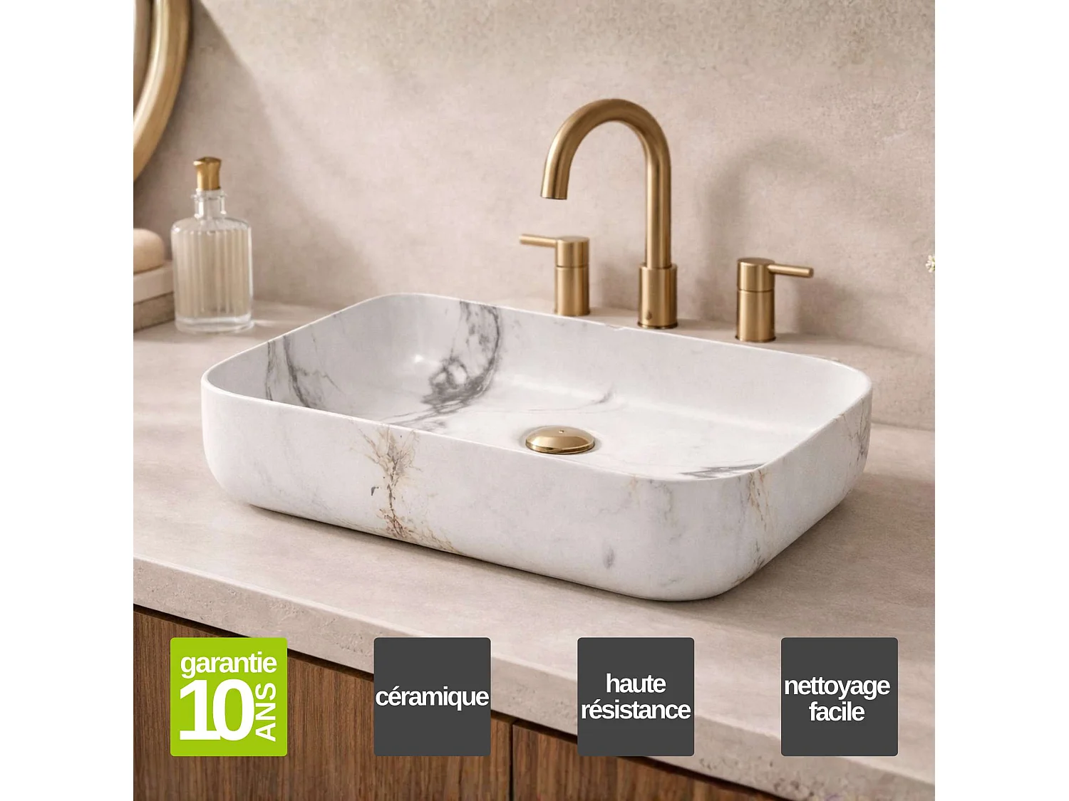 Vasque à poser rectangulaire en céramique marble L50xl39xProfondeur 13cm - SANIZEO Quimera.