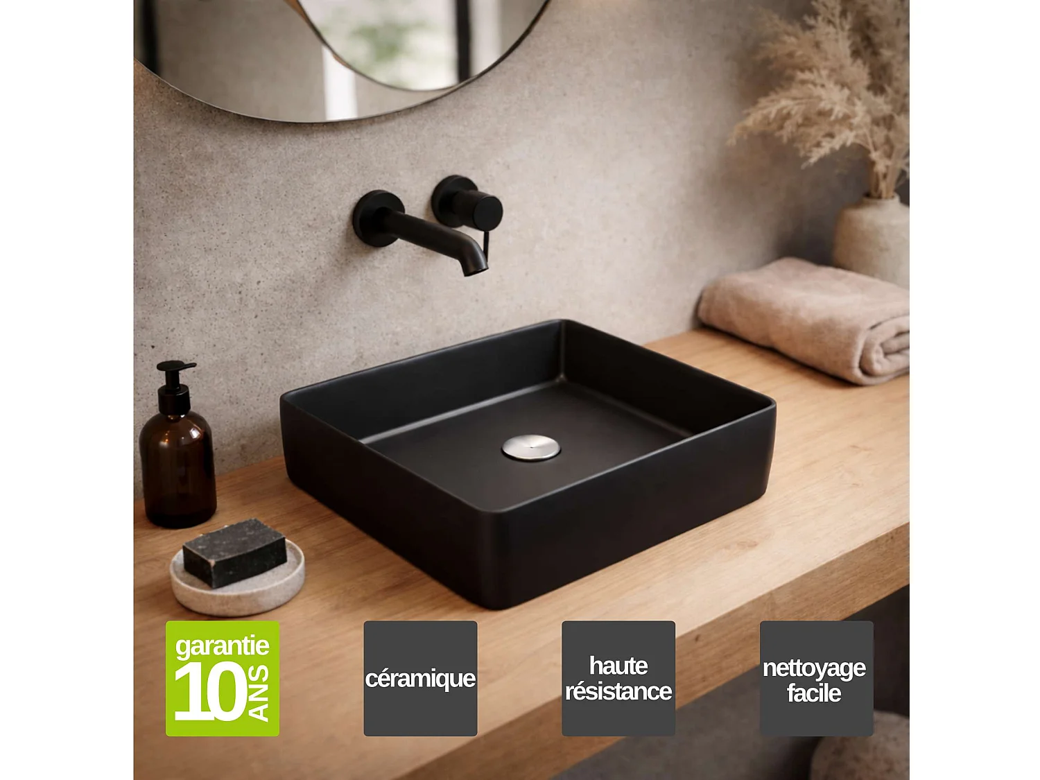 Vasque à poser carré en céramique noir mat L36,5xl36,5xProfondeur 10,5cm - SANIZEO Square.