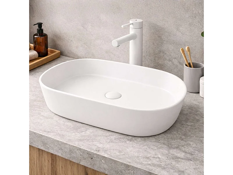 Vasque à poser ovale en céramique blanc mat L52,5xl30xProfondeur 14,5cm - SANIZEO Janodos.