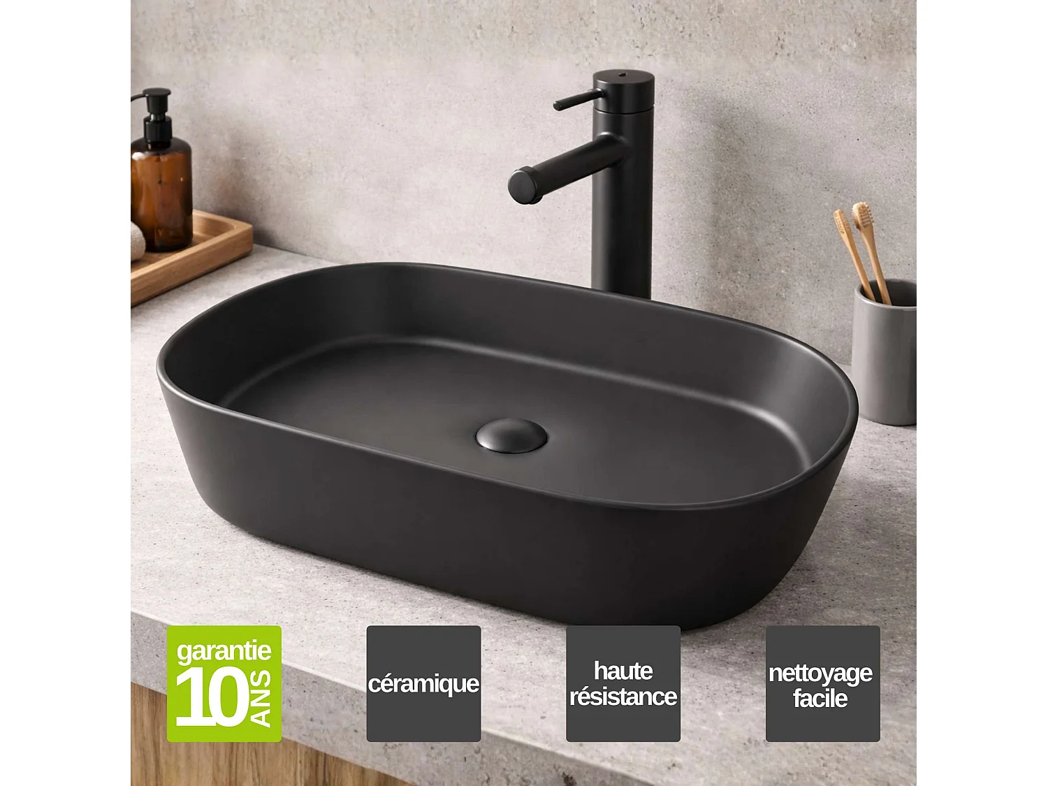 Vasque à poser ovale en céramique noir mat L52,5xl30xProfondeur 14,5cm - SANIZEO Janodos.