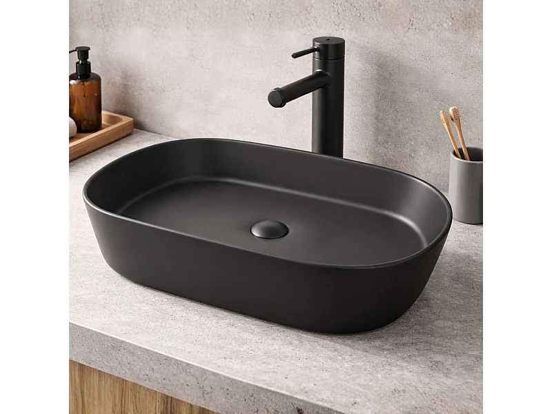 Vasque à poser ovale en céramique noir mat L52,5xl30xProfondeur 14,5cm - SANIZEO Janodos.