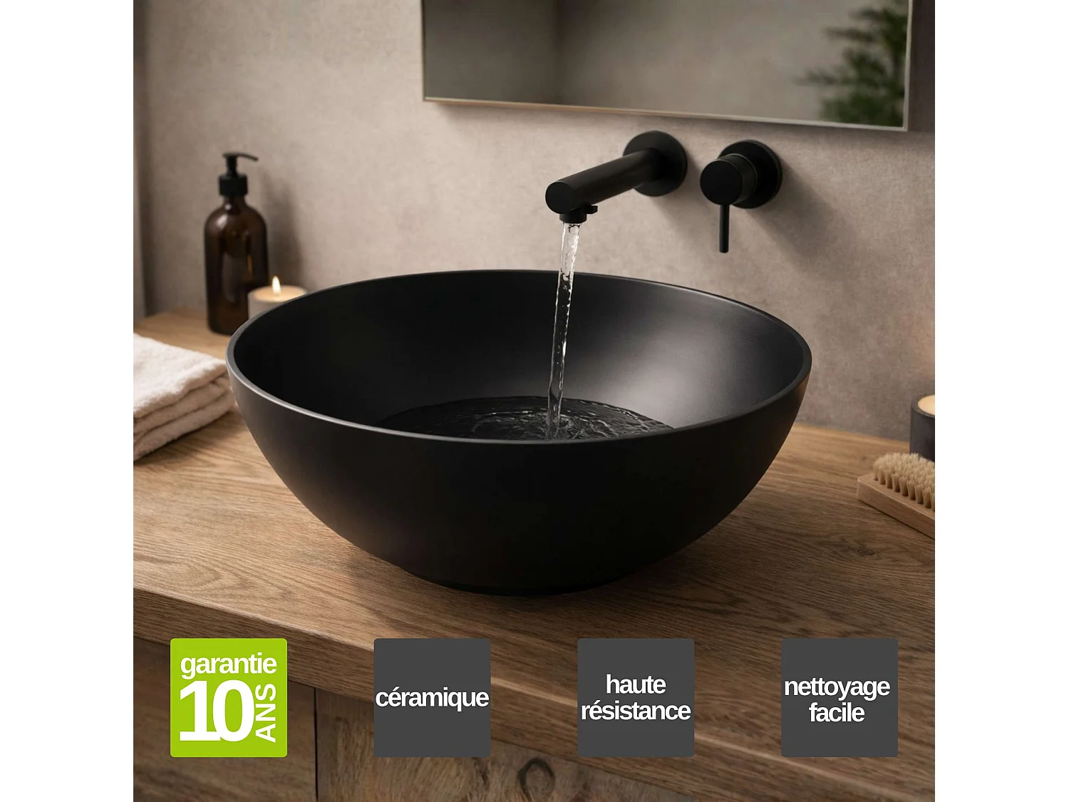 Vasque à poser ronde en céramique noir mat D41cm, Profondeur 14,5cm - SANIZEO ATE.