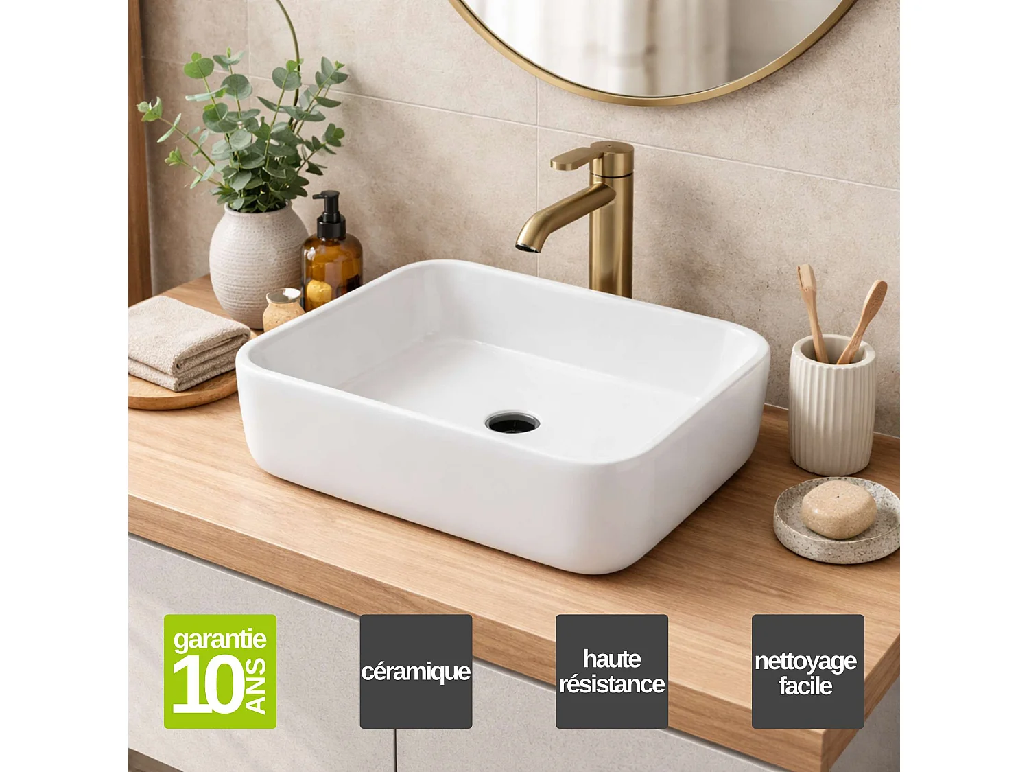 Vasque à poser rectangulaire en céramique blanc brillant L48xl37xProfondeur 13cm - SANIZEO Vesta.