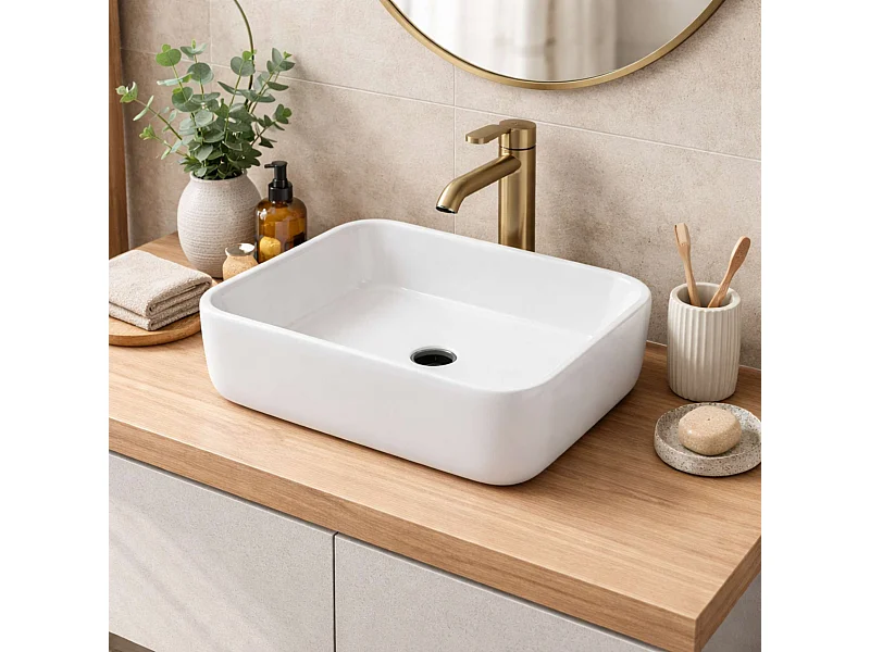 Vasque à poser rectangulaire en céramique blanc brillant L48xl37xProfondeur 13cm - SANIZEO Vesta.