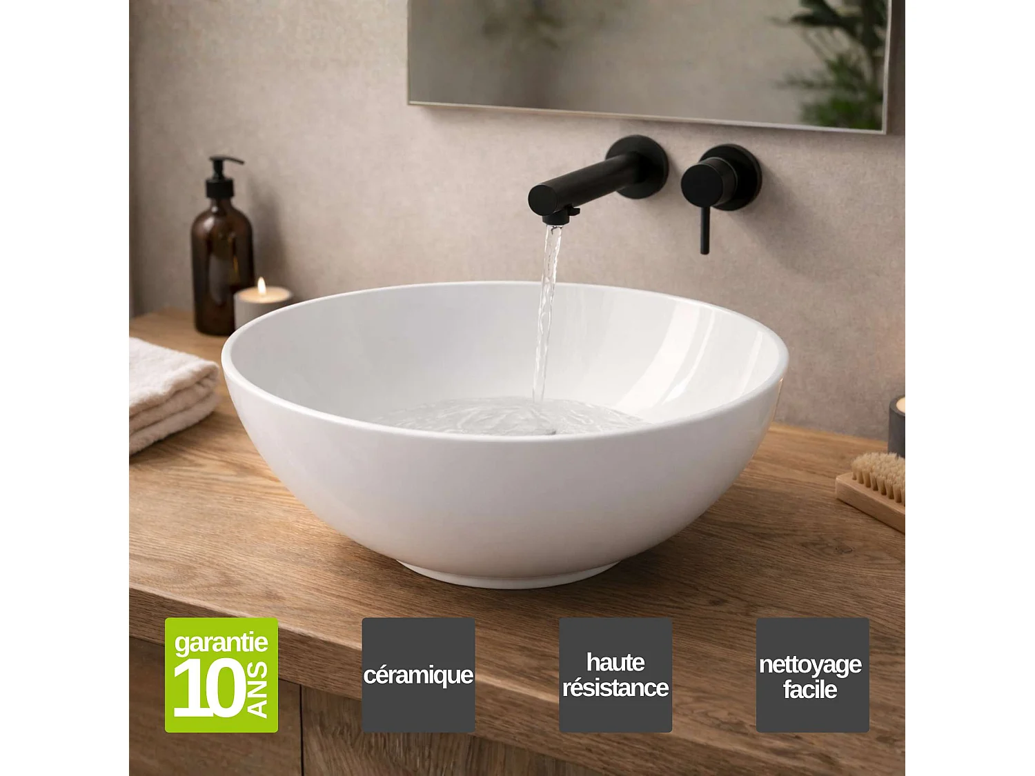 Vasque à poser ronde en céramique blanc brillant D41cm, Profondeur 14,5cm - SANIZEO ATE.