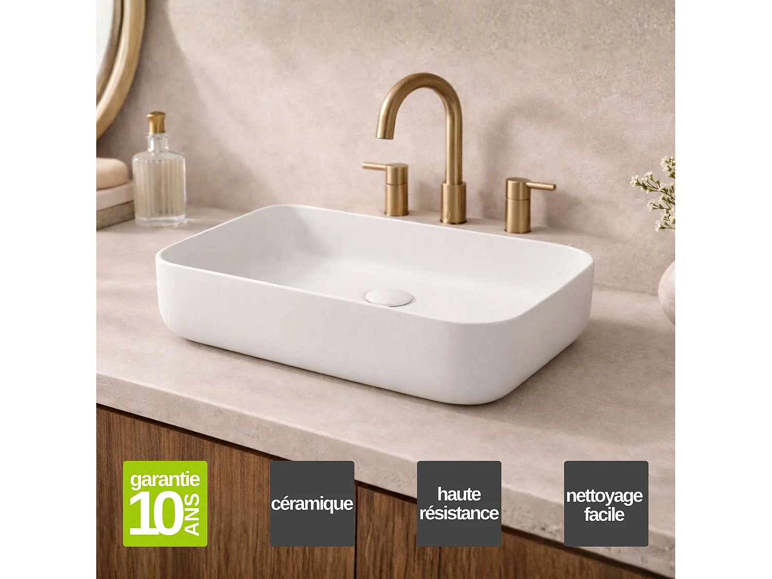 Vasque à poser rectangulaire en céramique blanc mat L50xl39xProfondeur 13cm - SANIZEO Quimera.