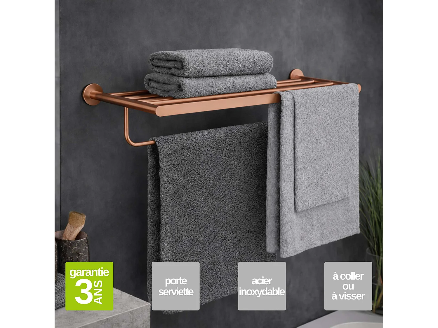 Porte serviettes salle de bain 60cm- acier inoxydable S.304 cuivré brossé - Fixation Collée ou Vissée