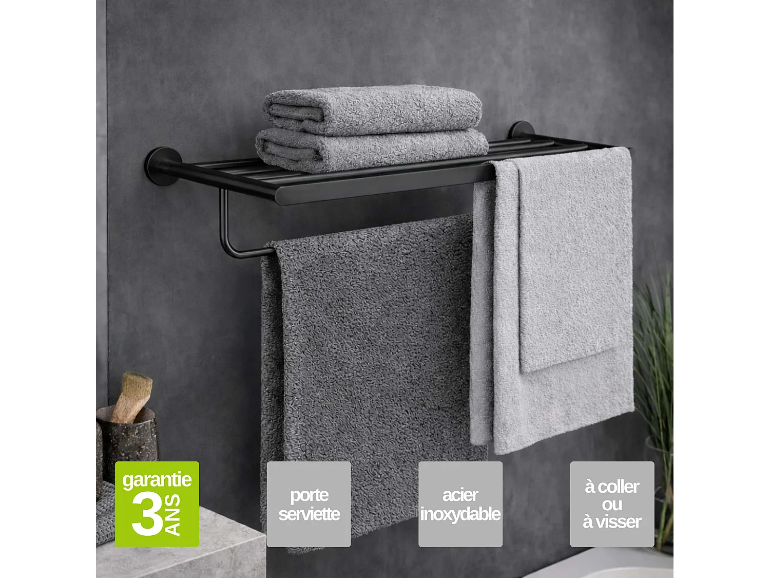 Porte serviettes salle de bain 60cm- acier inoxydable S.304 noir mat - Fixation Collée ou Vissée