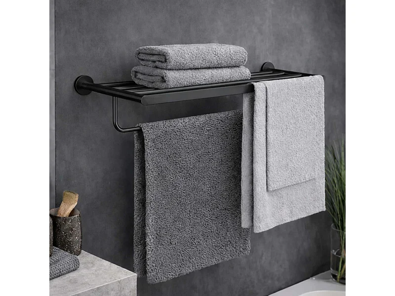 Porte serviettes salle de bain 60cm- acier inoxydable S.304 noir mat - Fixation Collée ou Vissée