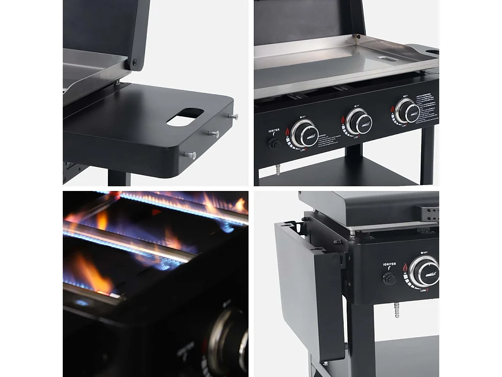 Plancha a gas 3 bruciatori acciaio inossidabile 12kw con carrello e