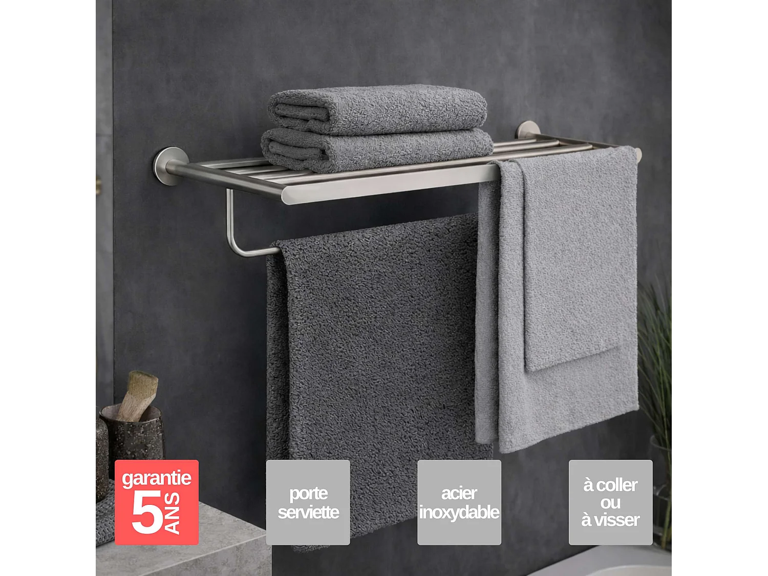 Porte serviettes salle de bain 60cm- acier inoxydable S.316 - Fixation Collée ou Vissée