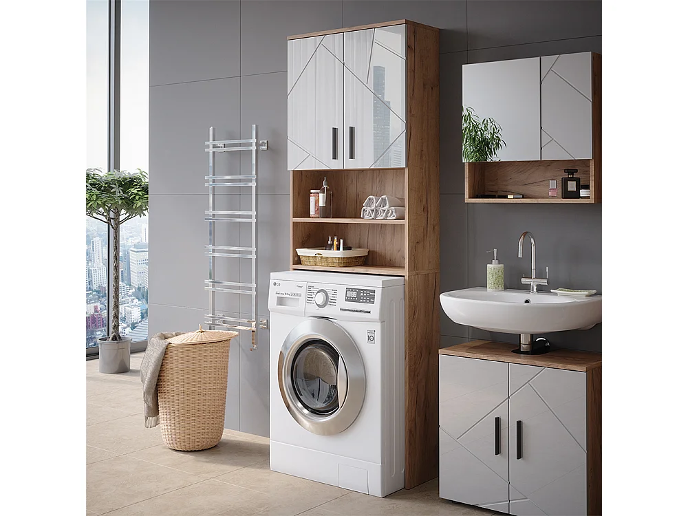 Waschmaschinenschrank weiß hochglanz/goldkraft eiche 64x26x190.5 irma