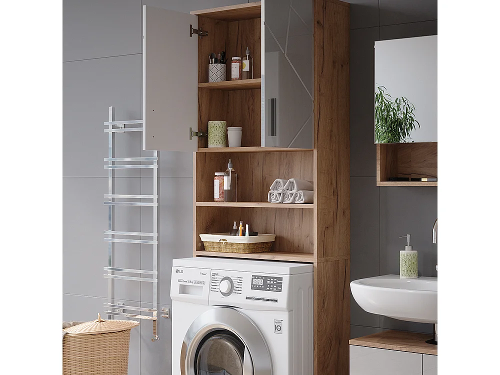 Waschmaschinenschrank weiß hochglanz/goldkraft eiche 64x26x190.5 irma