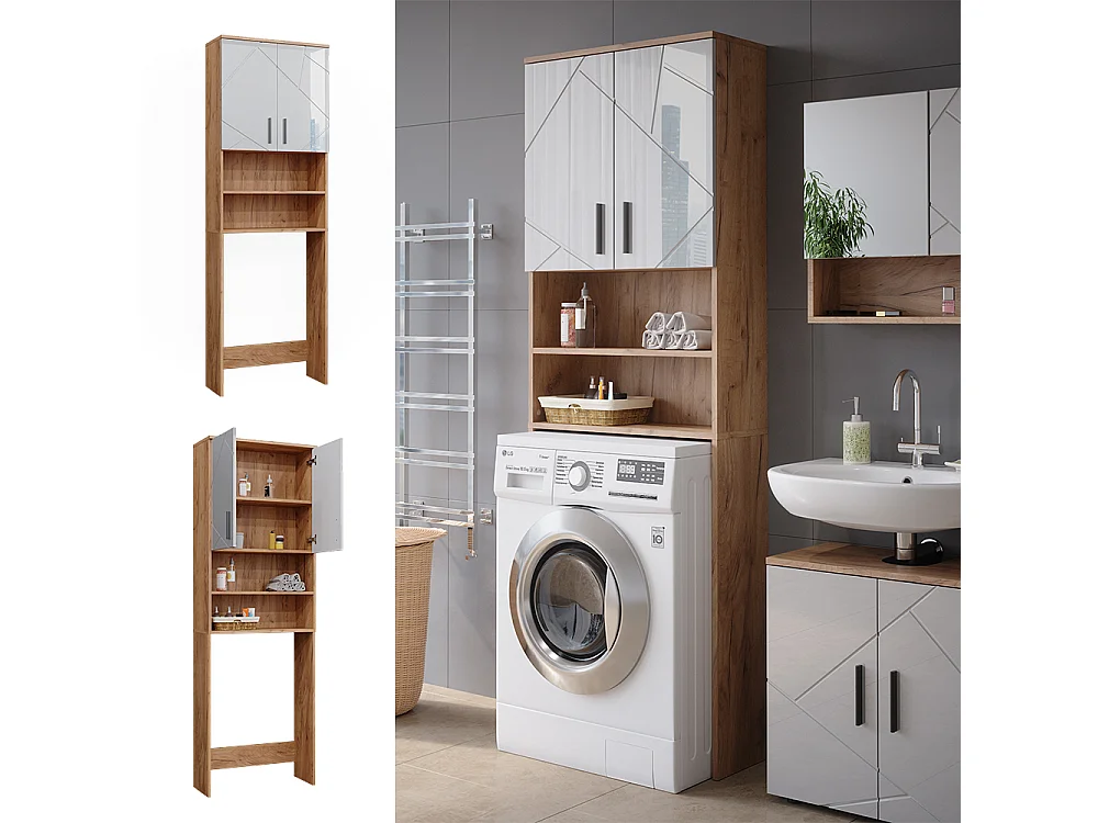 Washing machine cabinet white high gloss/gold power oak 64x26x190.5 irma