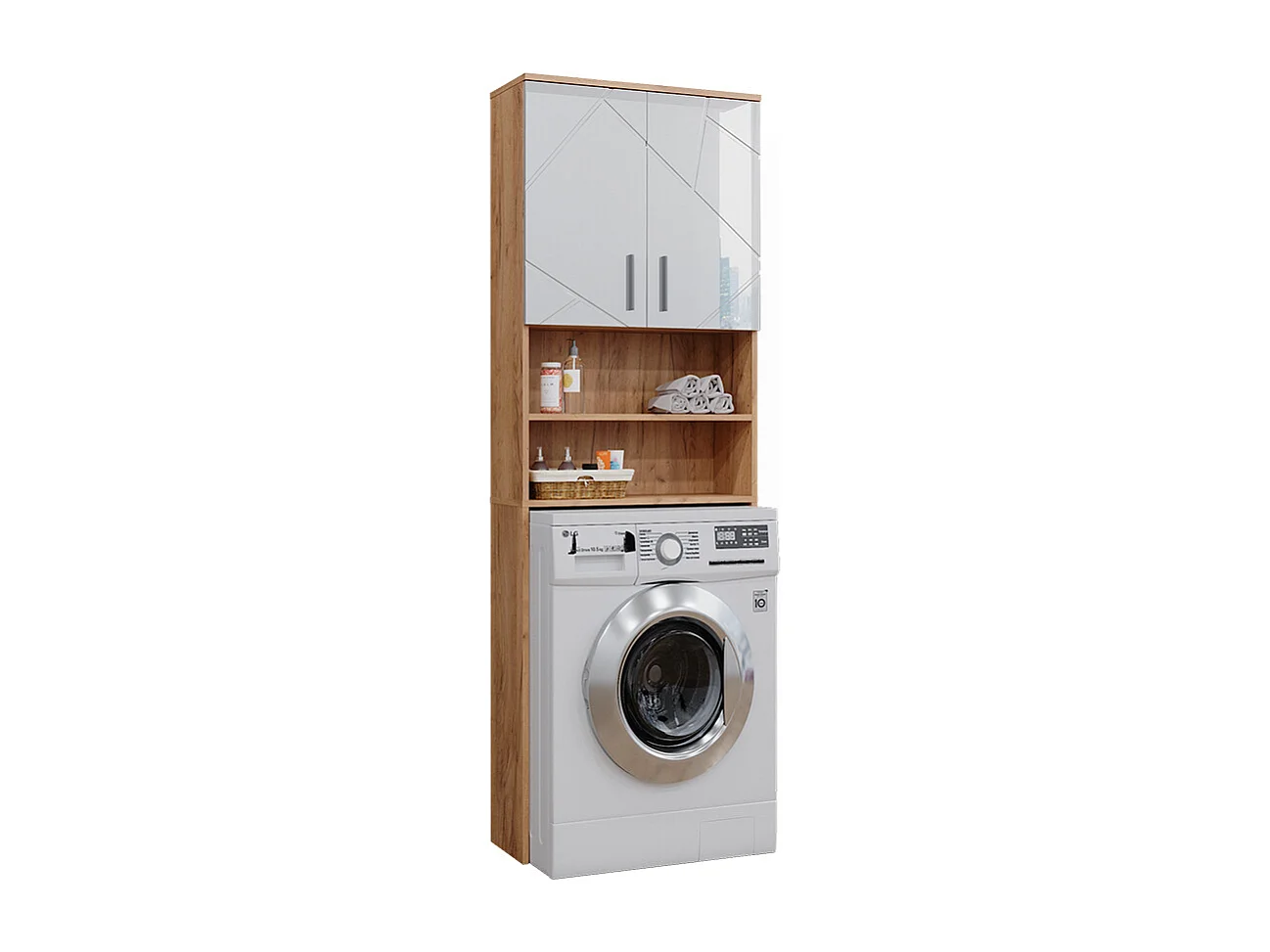Washing machine cabinet white high gloss/gold power oak 64x26x190.5 irma