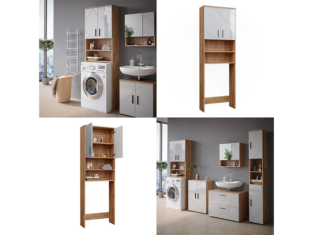Washing machine cabinet white high gloss/gold power oak 64x26x190.5 irma