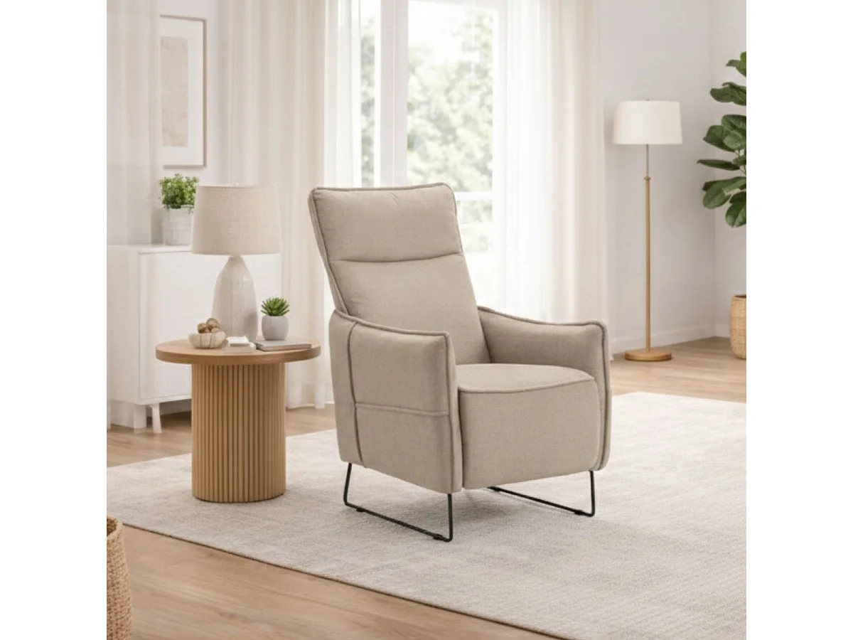 Fauteuil Relax design en tissu beige piètement métal luge - HASSAN