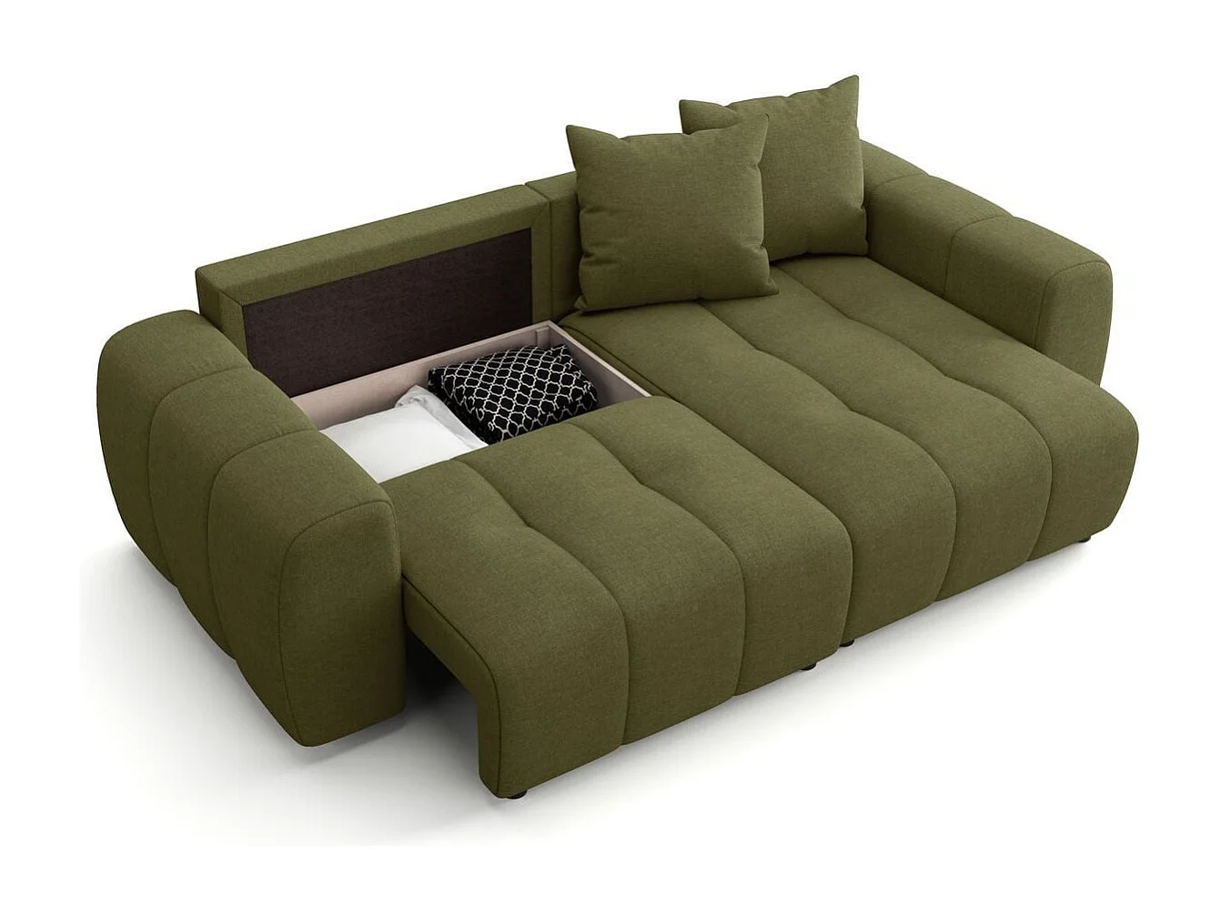 Canapé d'angle convertible réversible 4 places avec coffre de rangement en tissu chenille vert olive - Rivoli