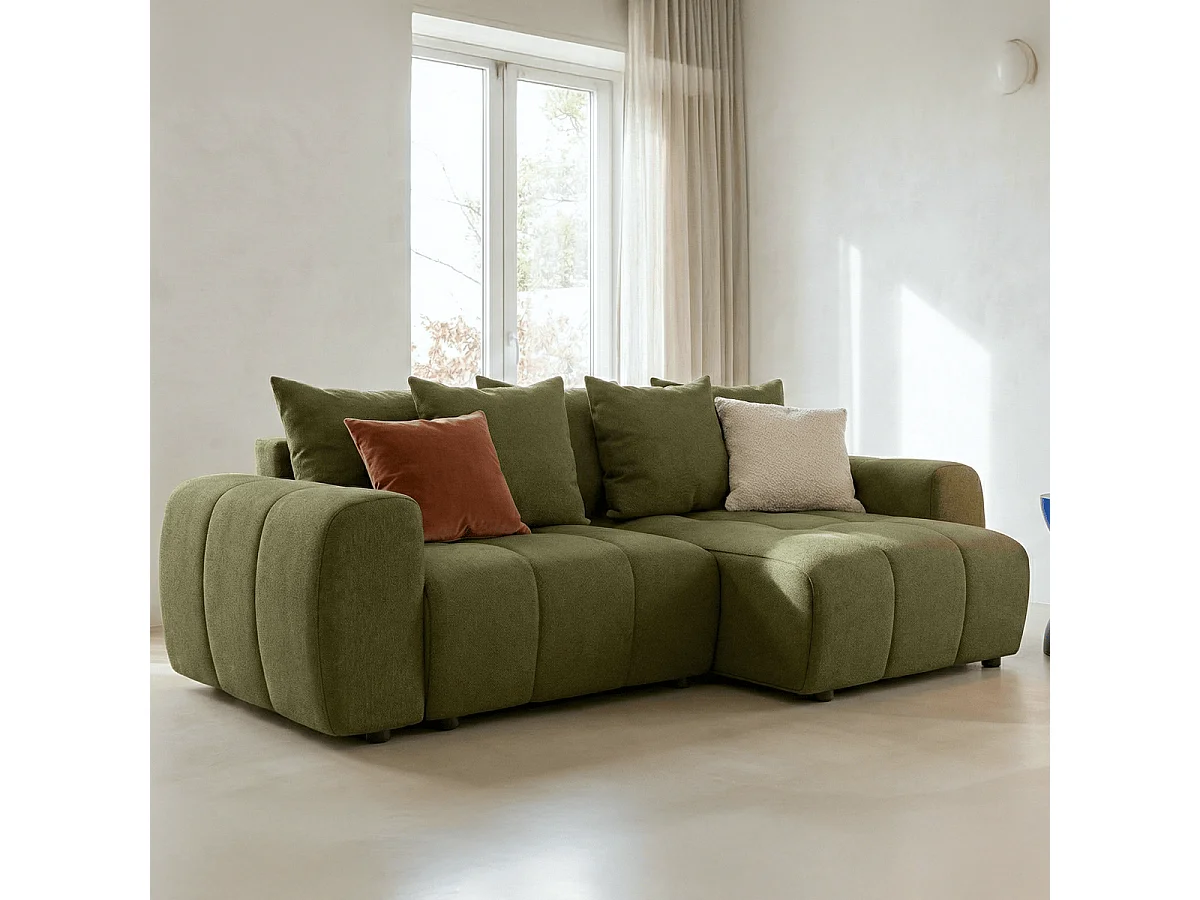Canapé d'angle convertible réversible 4 places avec coffre de rangement en tissu chenille vert olive - Rivoli