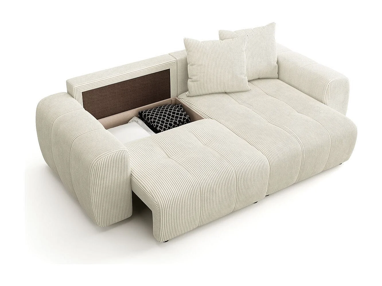 Canapé d'angle convertible réversible 4 places avec coffre de rangement en velours côtelé beige - Rivoli