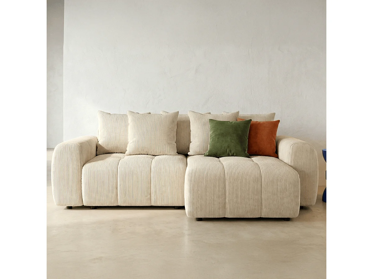 Canapé d'angle convertible réversible 4 places avec coffre de rangement en velours côtelé beige - Rivoli