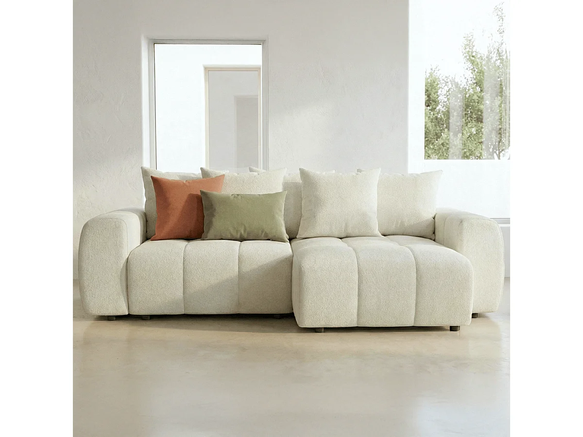 Canapé d'angle convertible réversible 4 places avec coffre de rangement en tissu chenille beige - Rivoli