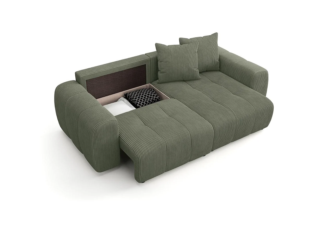 Canapé d'angle convertible 4 places avec coffre en velours kaki RIVOLI