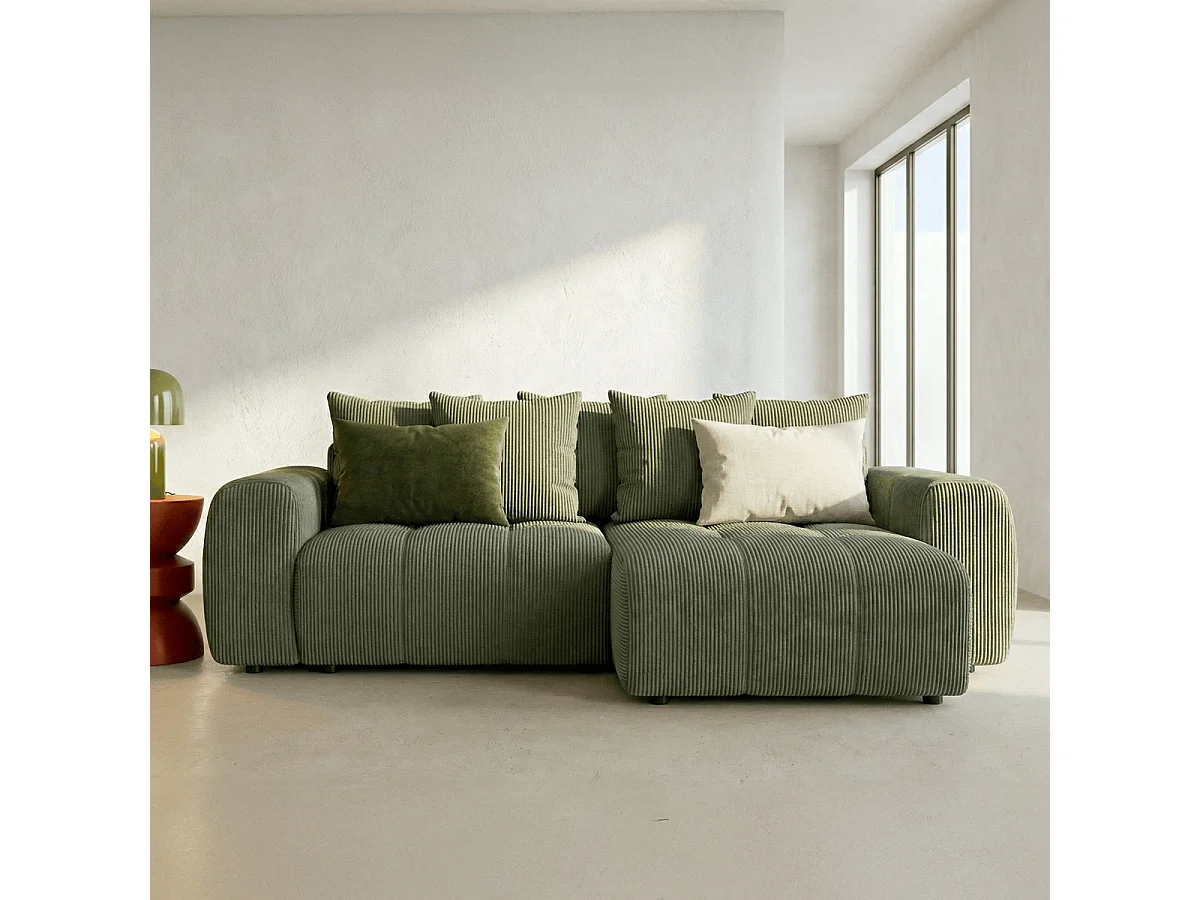 Canapé d'angle convertible réversible 4 places avec coffre de rangement en velours côtelé vert kaki - Rivoli
