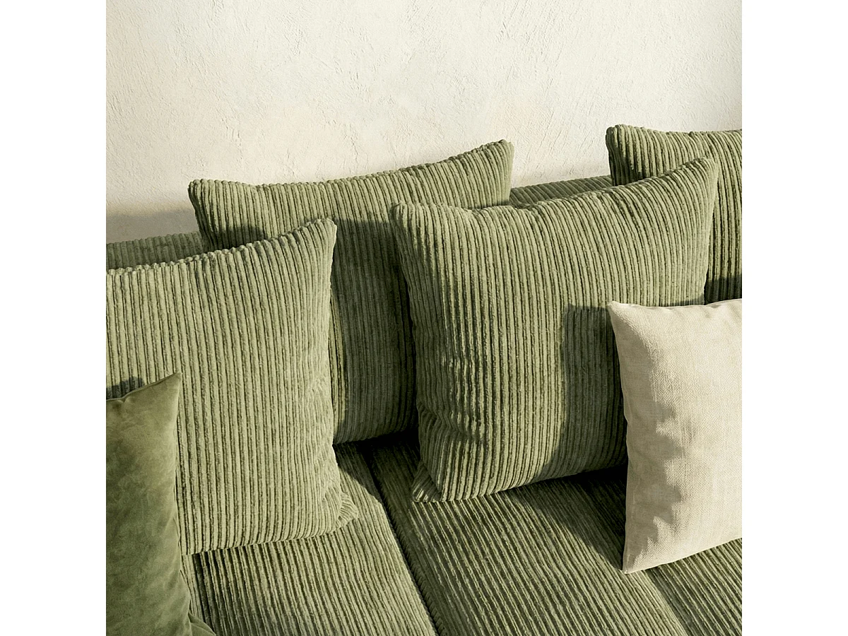 Canapé d'angle convertible réversible 4 places avec coffre de rangement en velours côtelé vert kaki - Rivoli