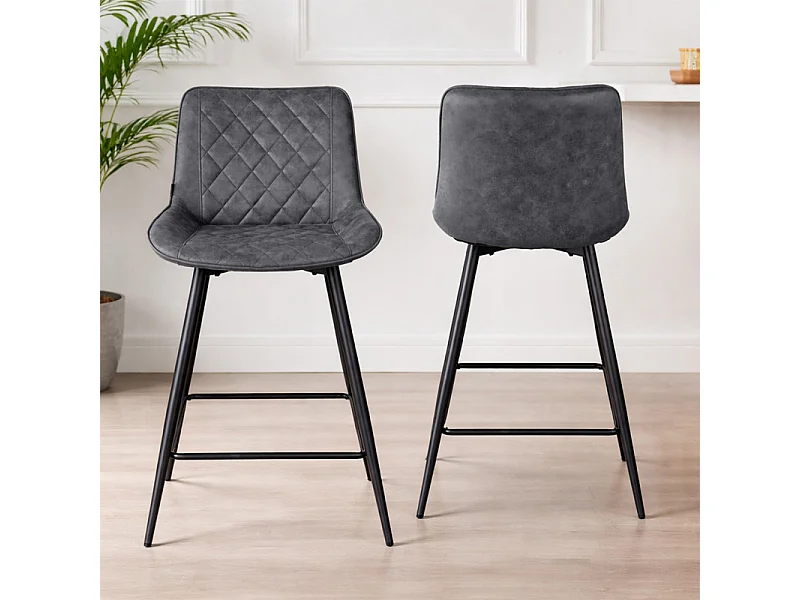 Lot 2 chaises de bar en tissu gris avec pieds en métal - MANHATTAN 2