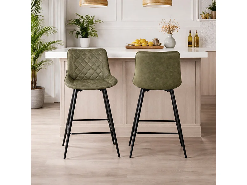 Lot 2 chaises de bar en tissu vert avec pieds en métal - MANHATTAN 2