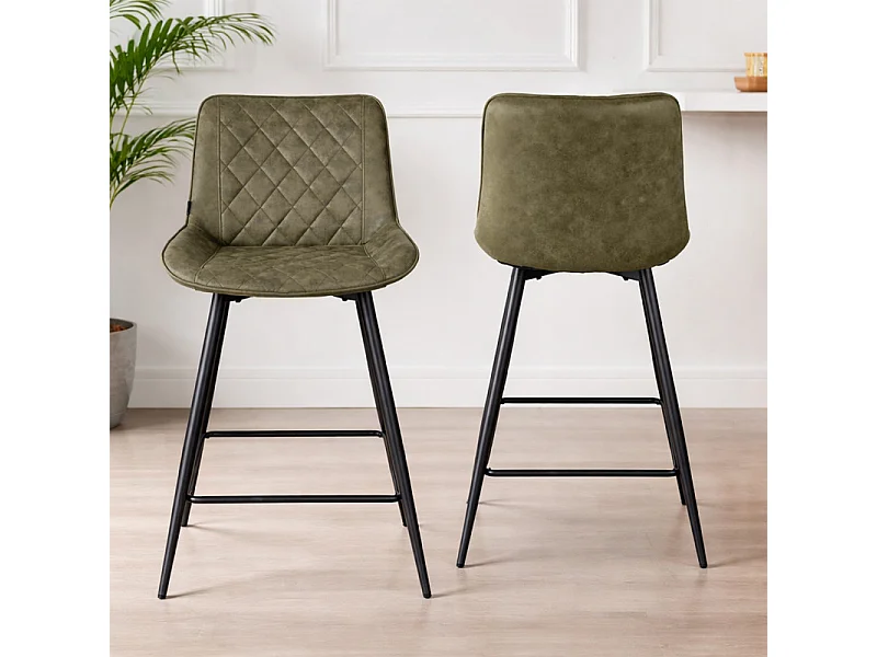 Lot 2 chaises de bar en tissu vert avec pieds en métal - MANHATTAN 2